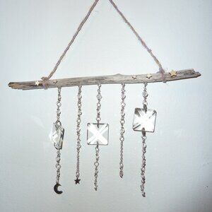 Suncatcher F Treated driftwood, cut glass pieces and Swarovski